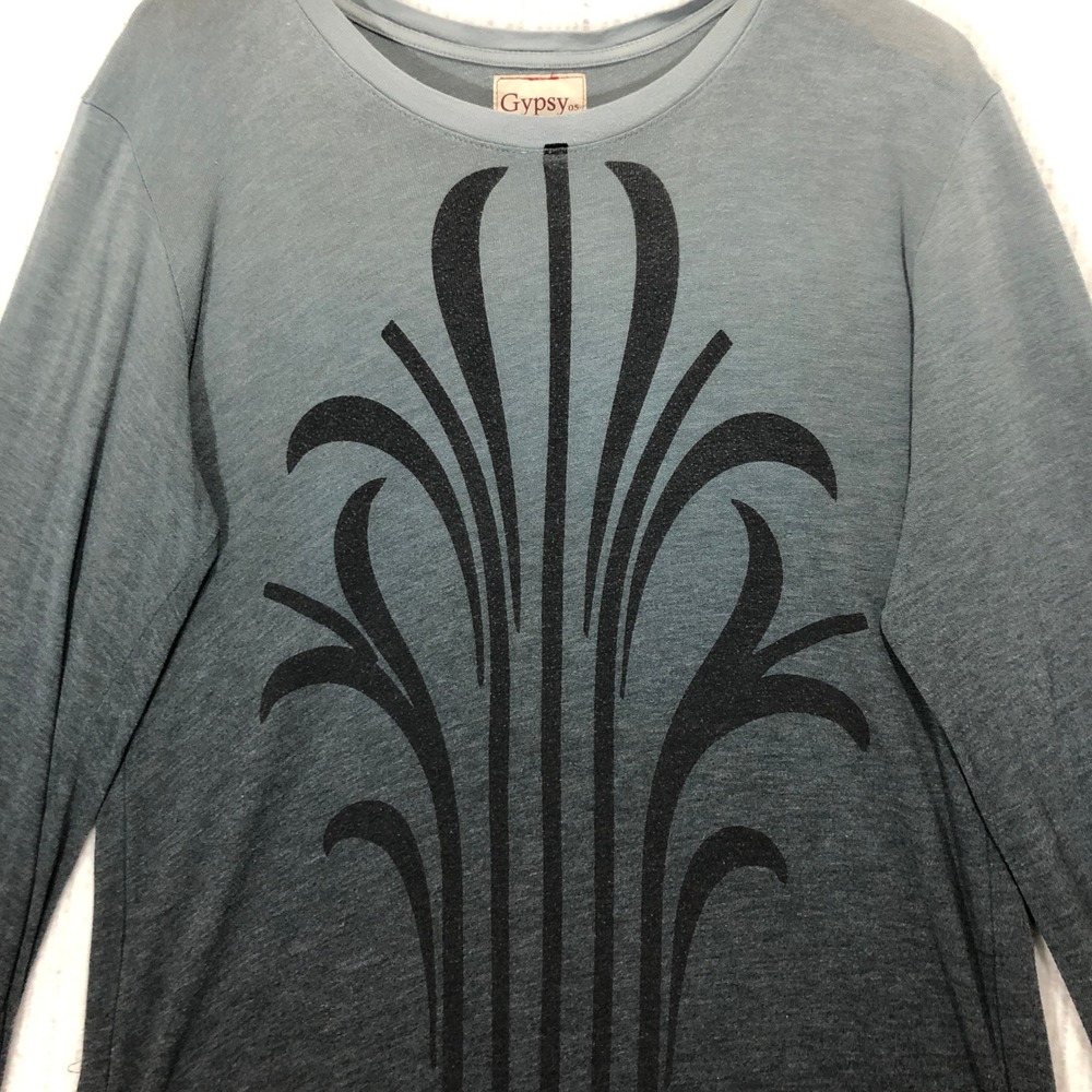 Gypsy 05‎ Ombre Graphic Long Sleeve Top XXL Gray Black Dip Dye Made in Hollywood